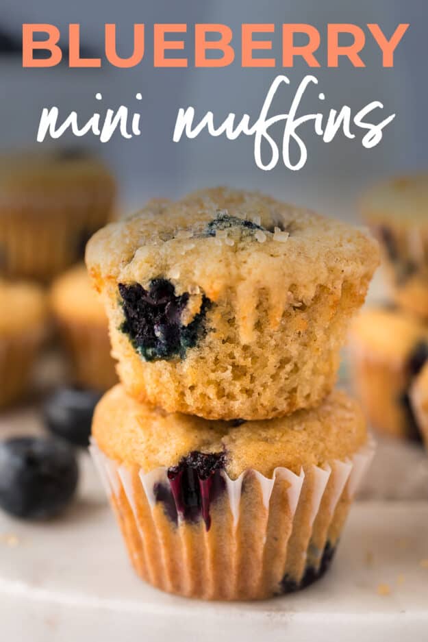 STack of blueberry muffins with text for Pinterest.