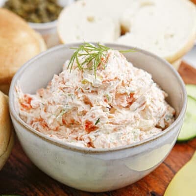 Cream cheese and salmon mixture in bowl.