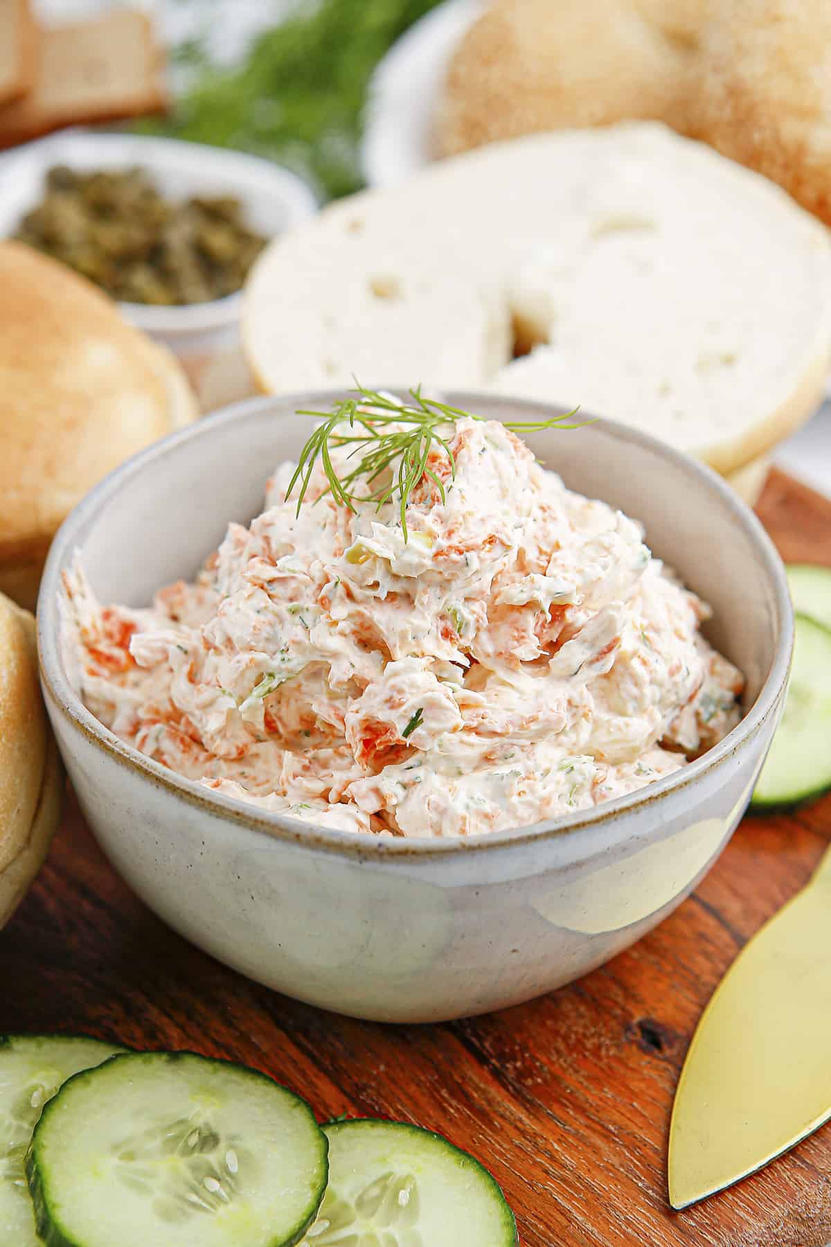 Cream cheese and salmon mixture in bowl.