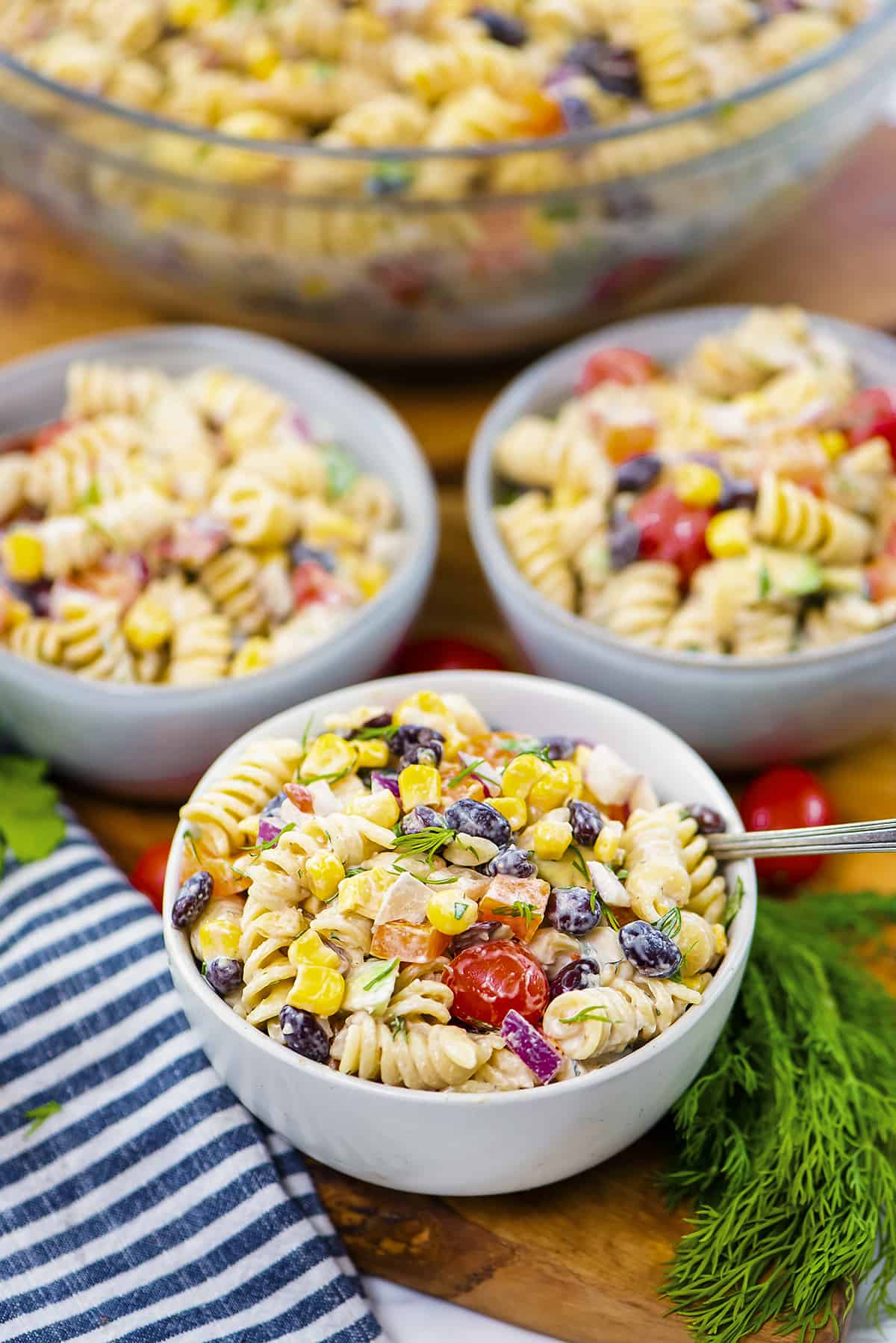 Southwest pasta salad in small bowls.