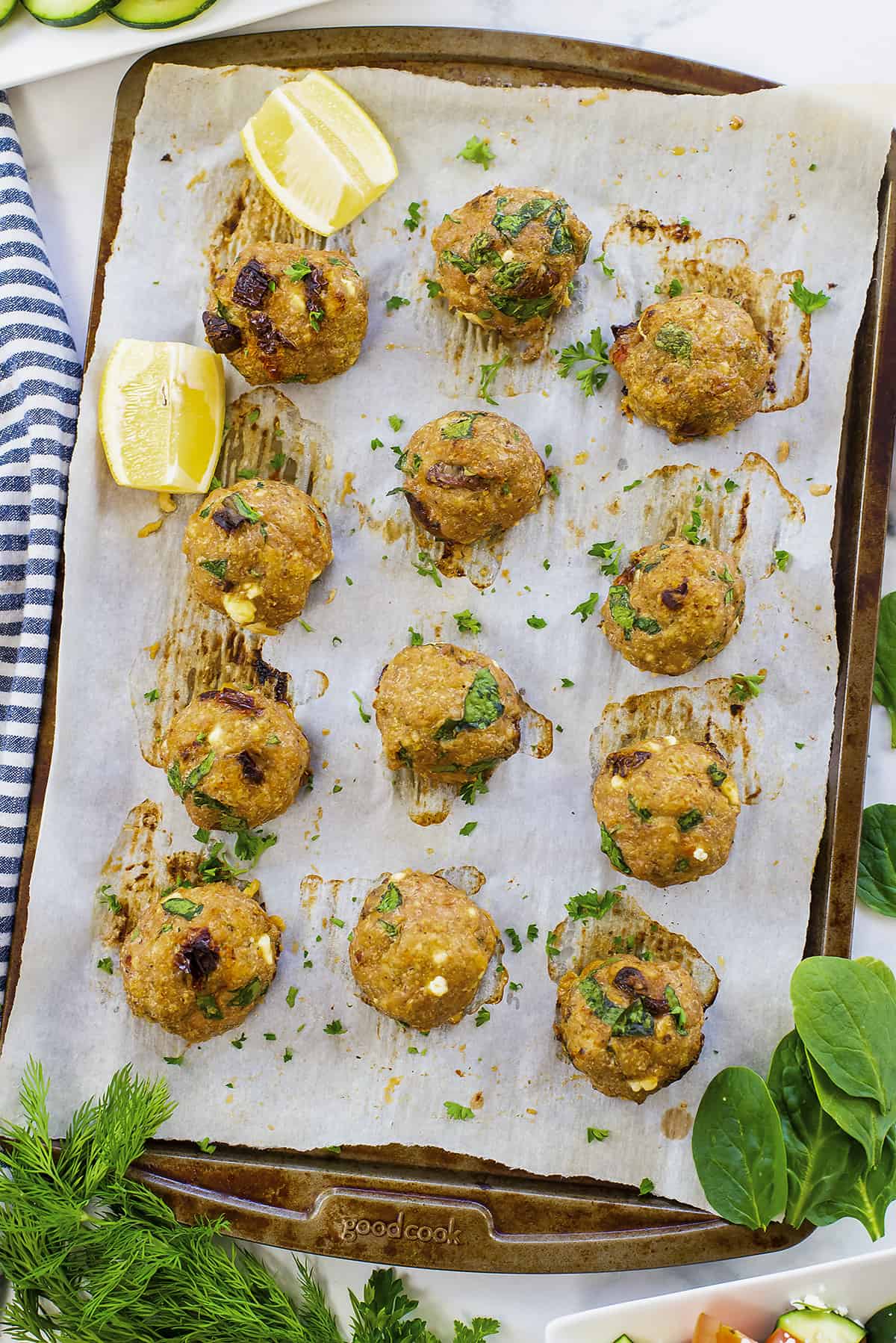 Baked turkey meatballs on sheet pan.