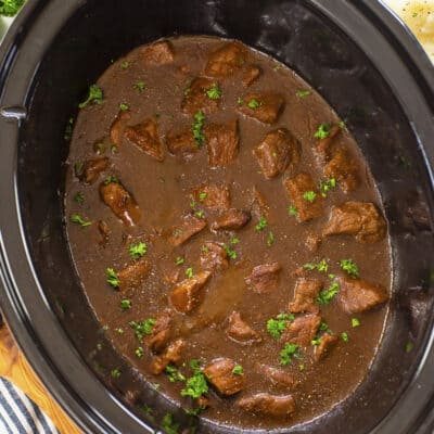 Beef tips and gravy in crockpot.