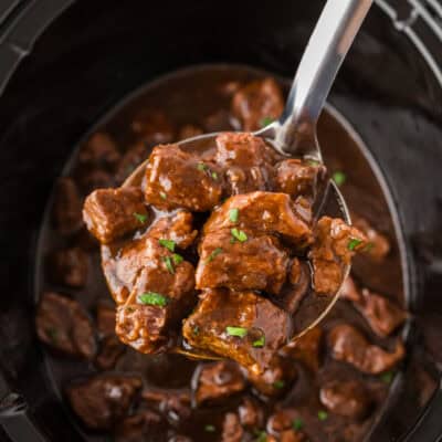 Beef tips and gravy in crockpot.