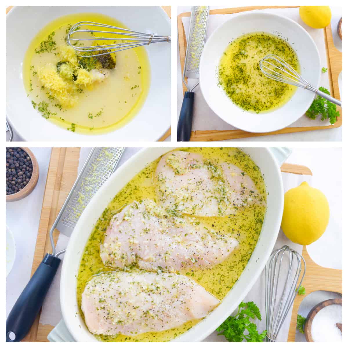 Collage showing how to make lemon pepper marinade.