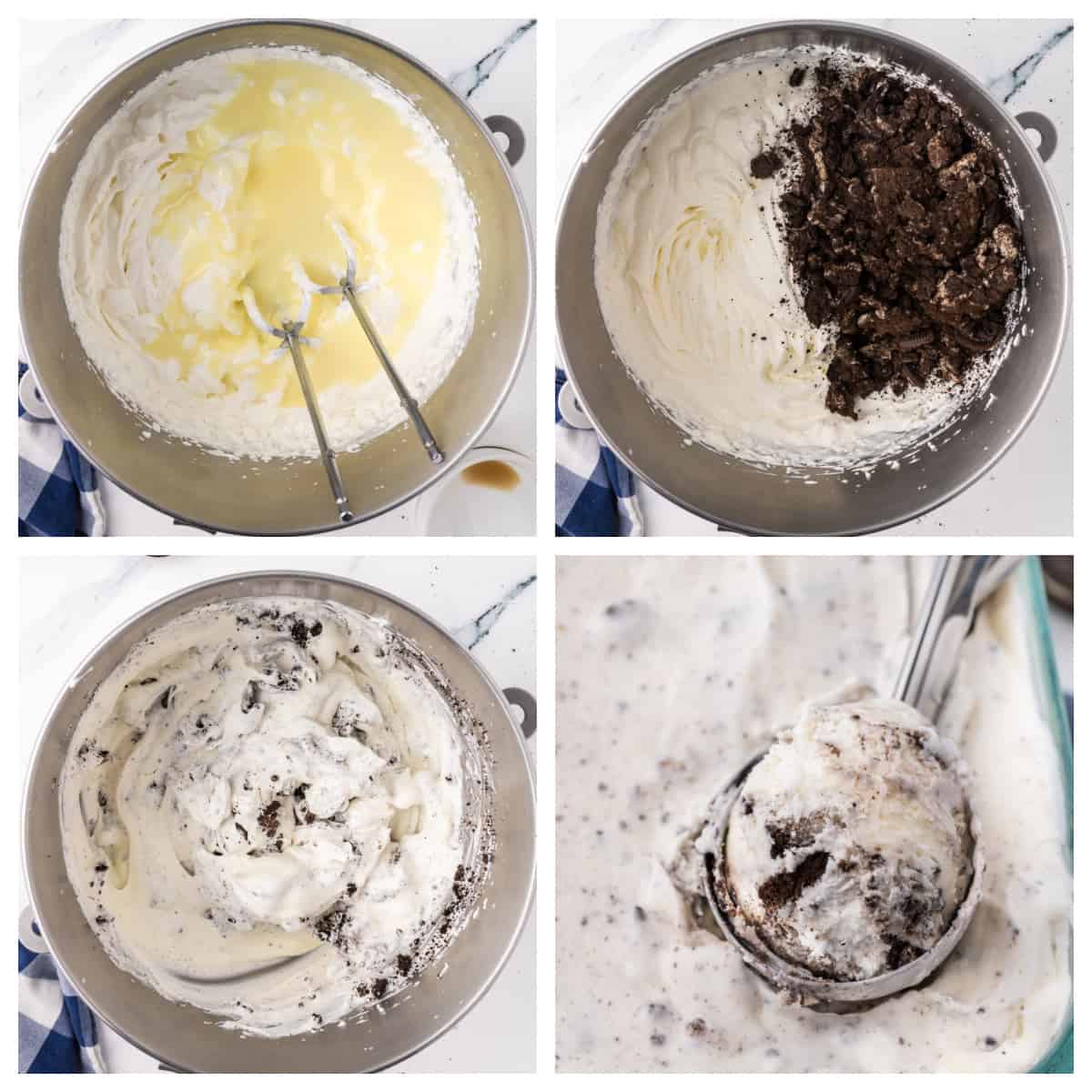 Collage showing how to make cookies and cream ice cream.