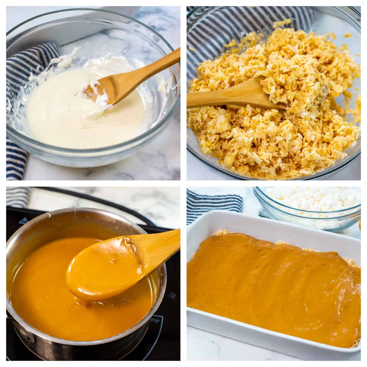 Collage showing how to make caramel rice krispies treats.