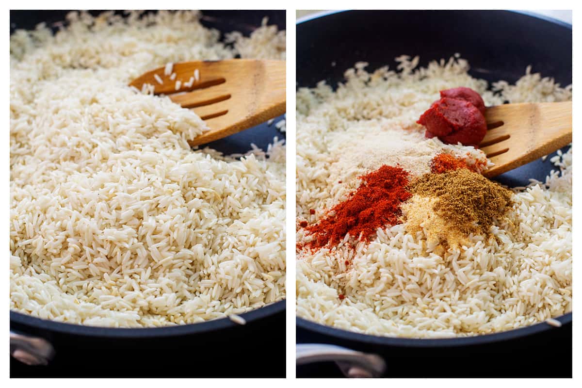 Collage showing how to cook Mexican rice.