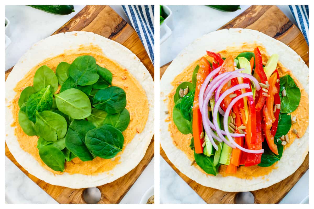 Collage showing how to make hummus wraps.