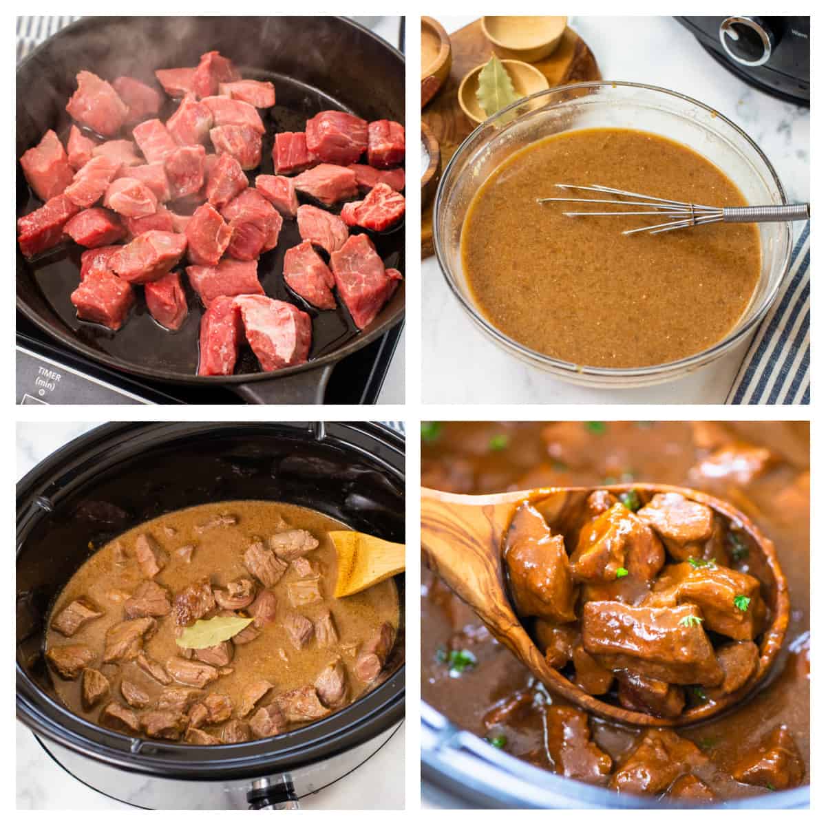 Collage showing how to make beef tips and gravy in the crockpot.