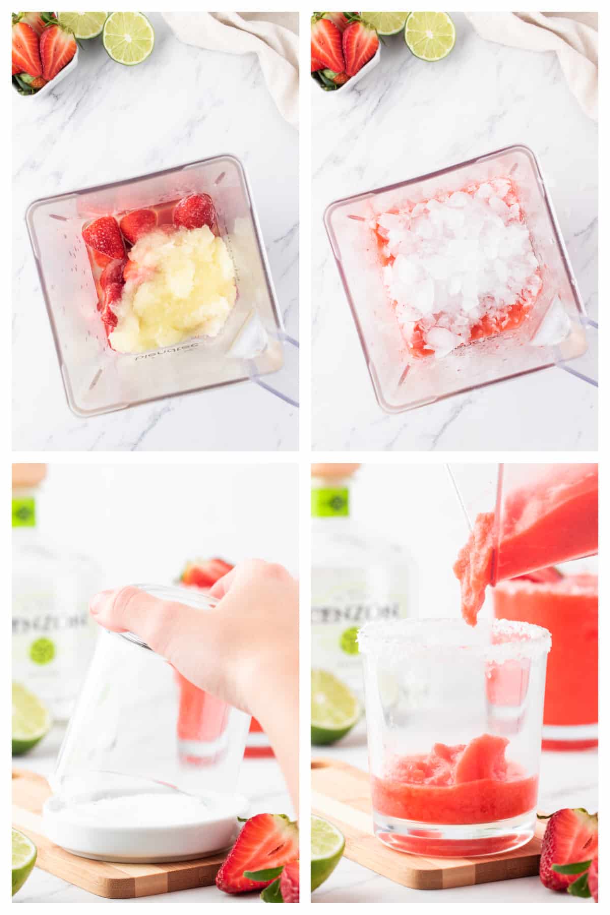 Collage showing how to make frozen strawberry margarita recipe.