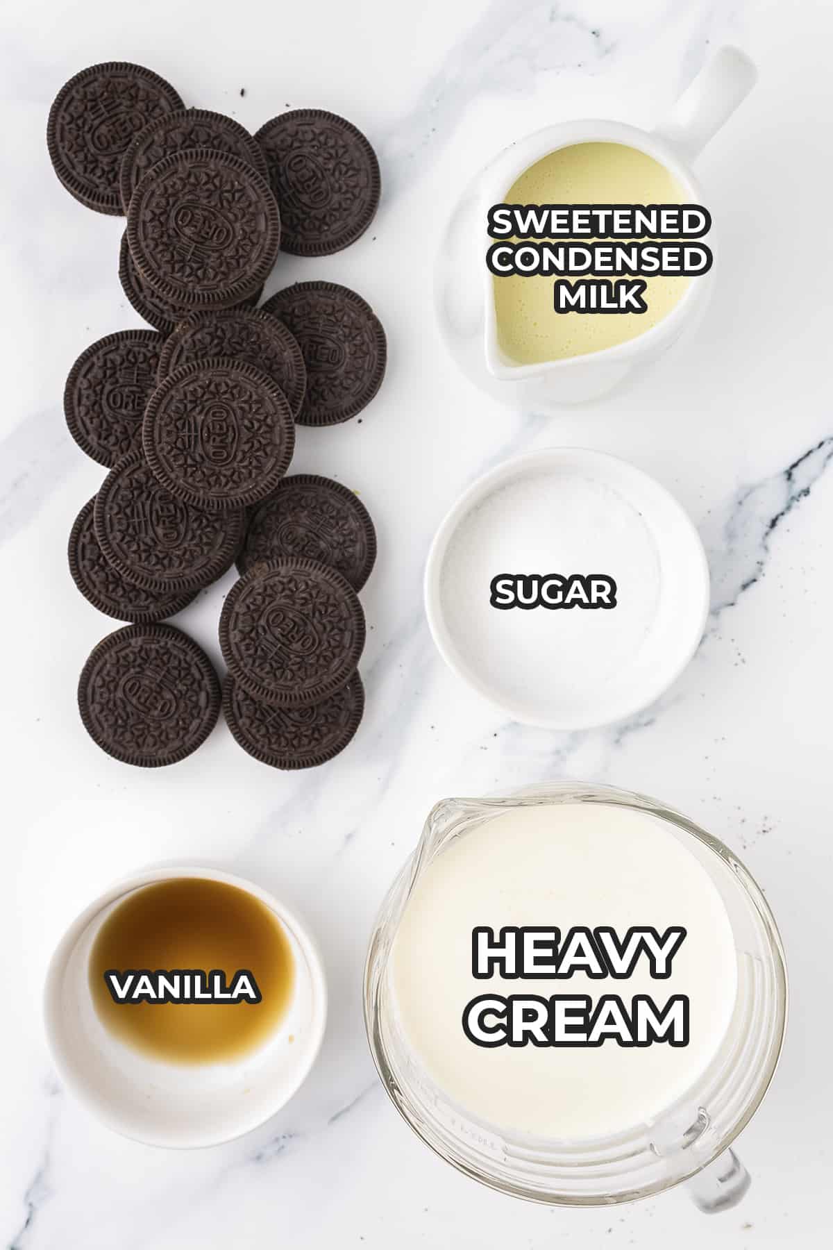 Ingredients for cookies and cream ice cream.