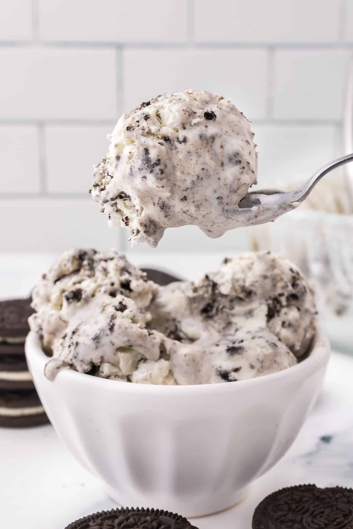 Bowl of no churn cookies and cream ice cream.