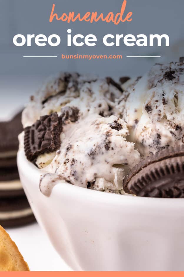 Bowl of cookies and cream ice cream with text for Pinterest.