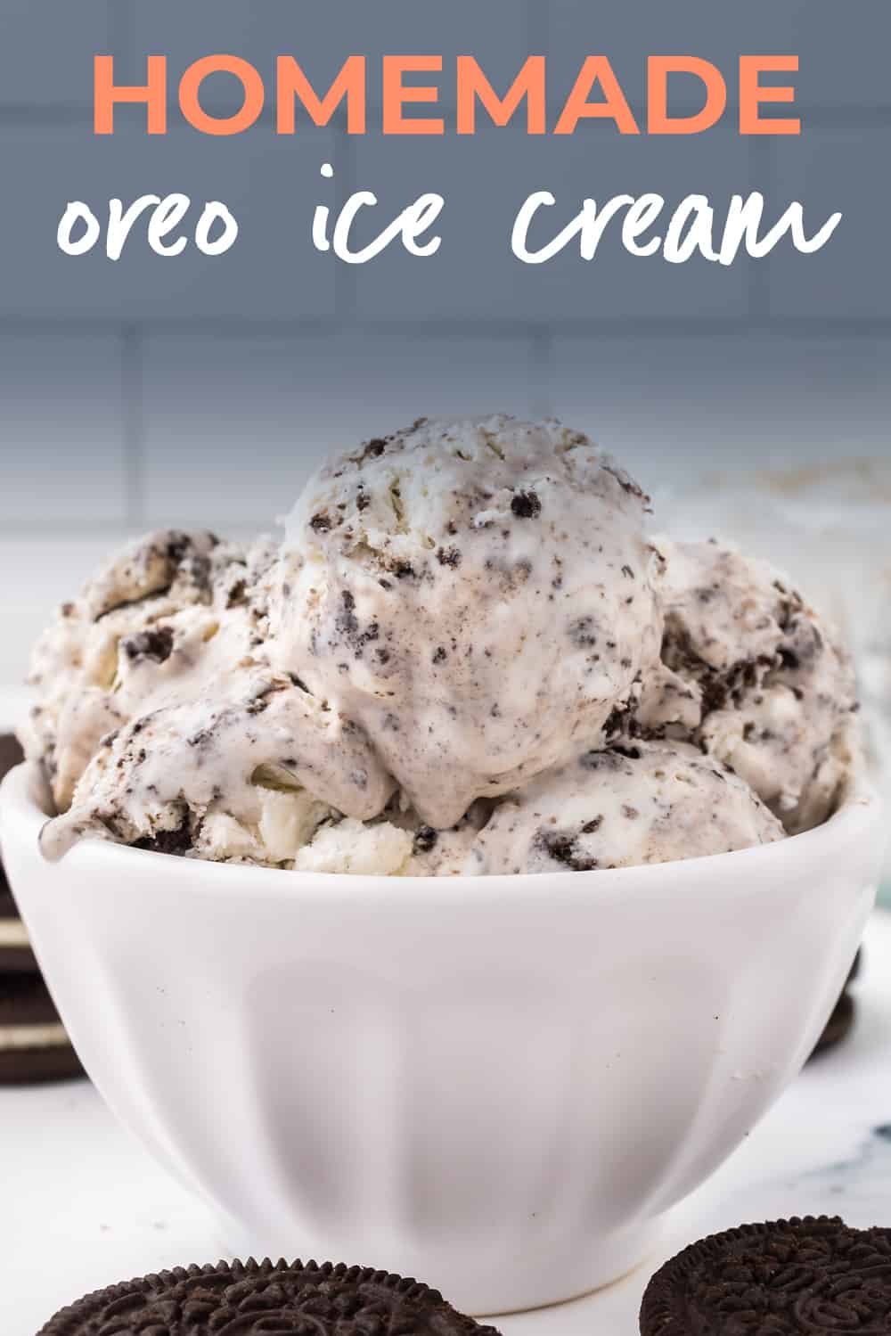 No churn cookies and cream ice cream in white bowl.