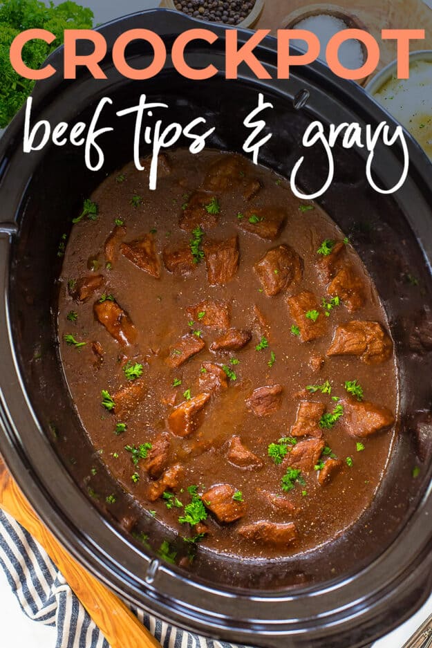 Slowc ooker beef tips and gravy with text for Pitnerest.