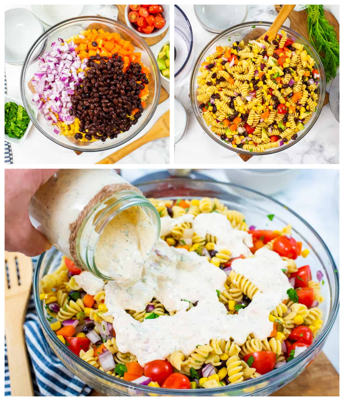 Collage showing how to make southwest pasta salad.