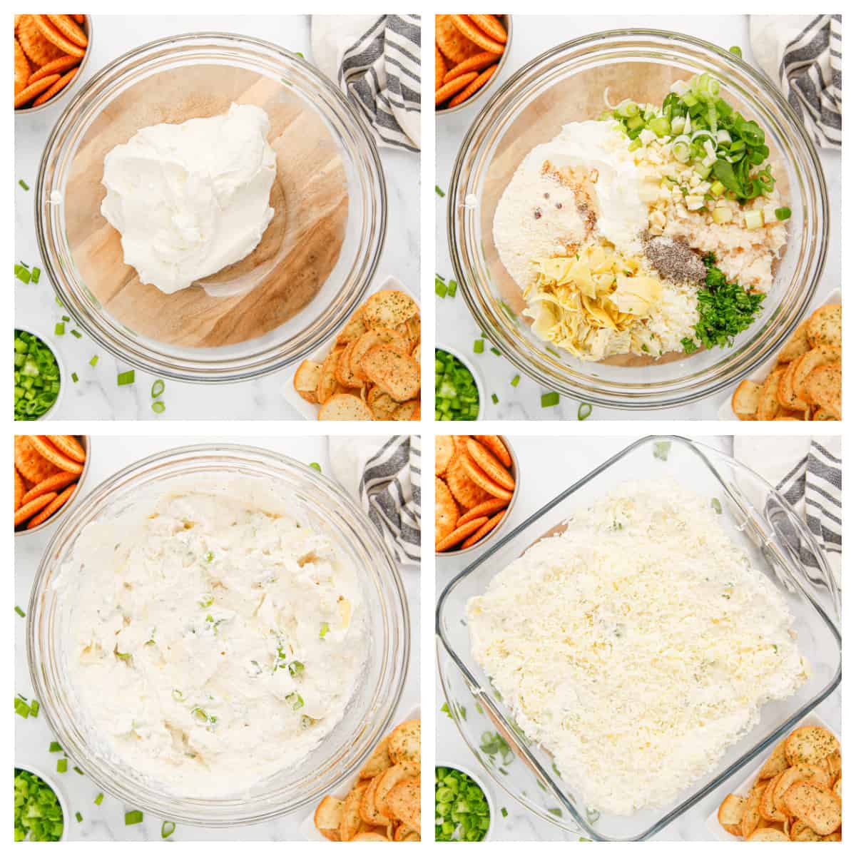 Collage showing how to make artichoke dip with crab.