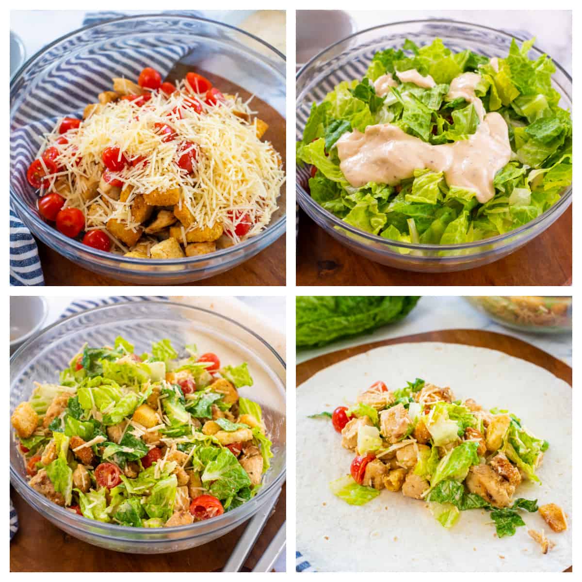 Collage showing how to make chicken caesar wraps.