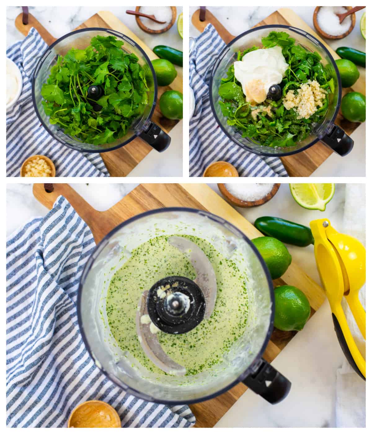 Collage showing how to make creamy cilantro lime dressing.