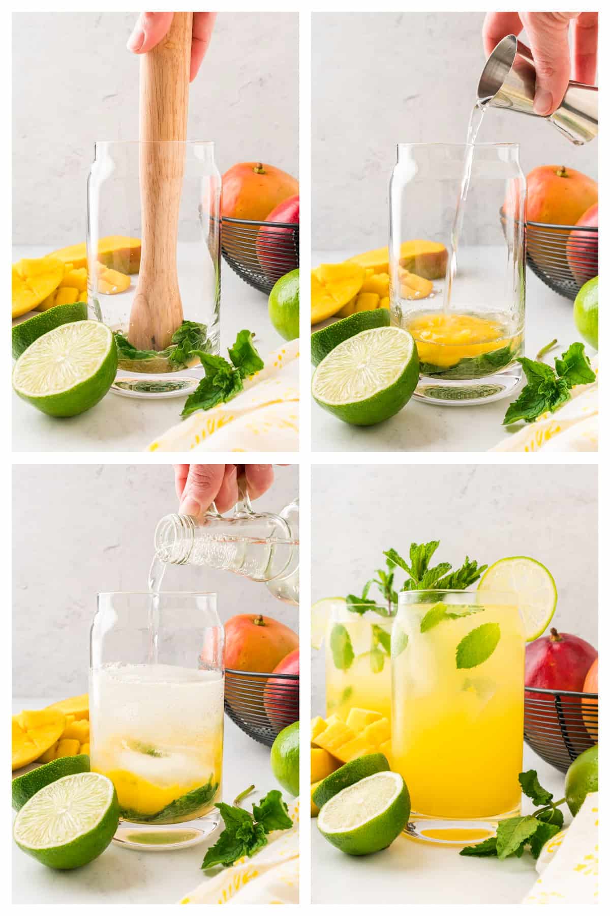 Collage showing how to make a mango mojito.