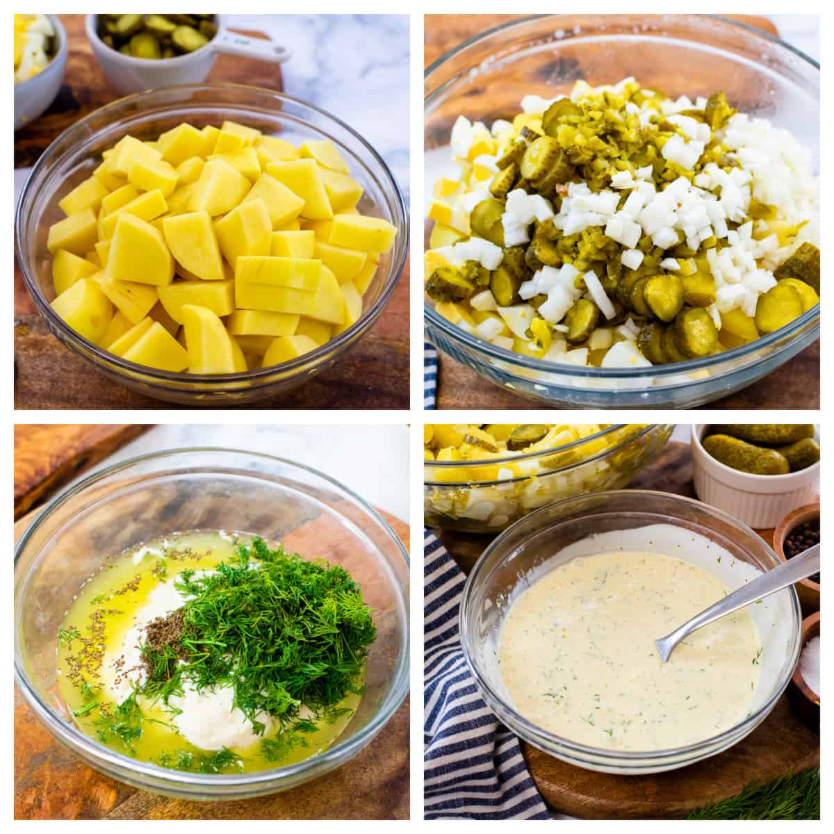 Collage showing how to make dill pickle potato salad.