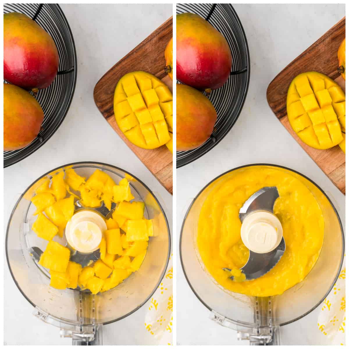 Collage of mango puree images.