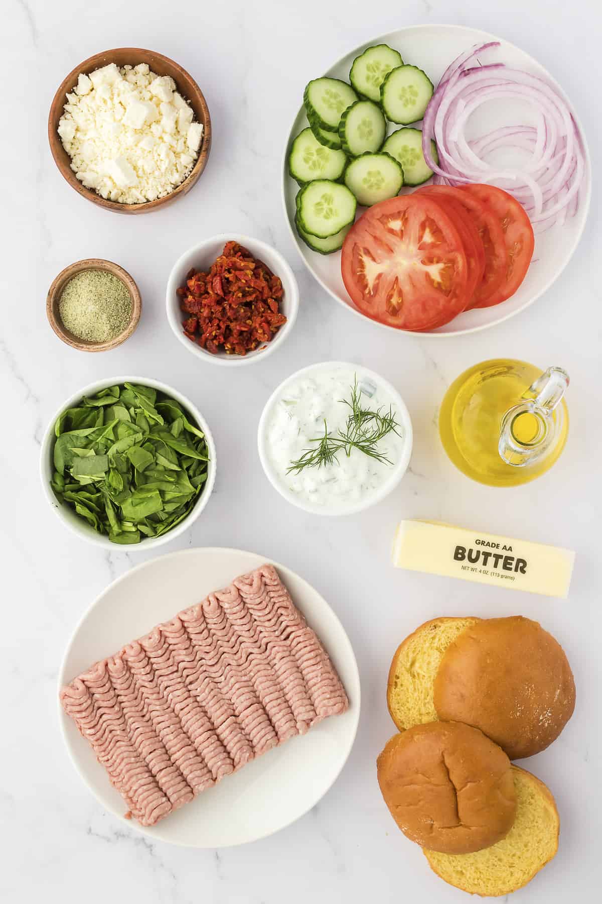 Ingredients for the best Greek turkey burger recipe.