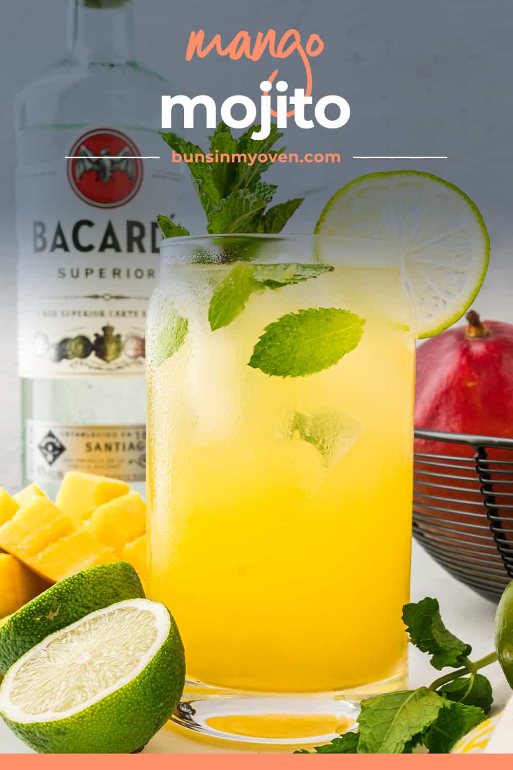 Homemade mango mojito in tall glass.