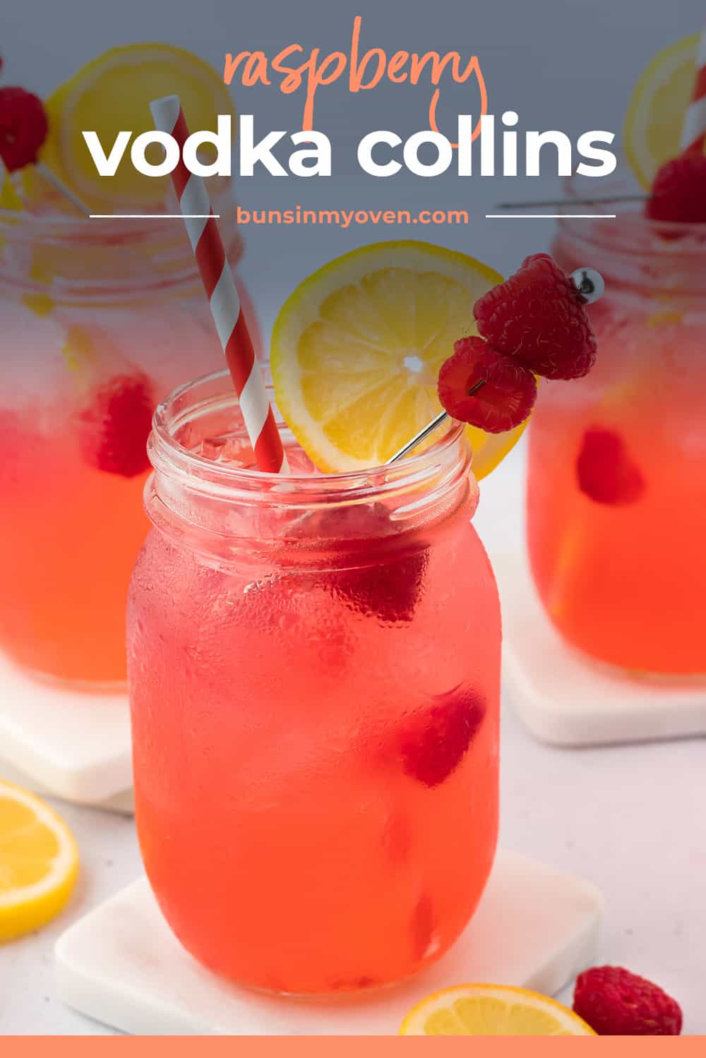 Raspberry collins in glass jar with text for pinterest.