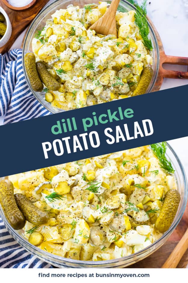 Collage of dill pickle potato salad images.