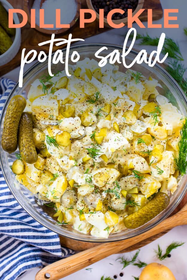 Potato salad in bowl with text for pinterest.