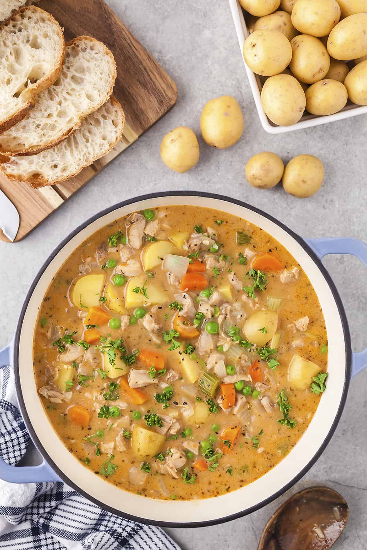 Overhead view of pot full of chicken stew recipe.