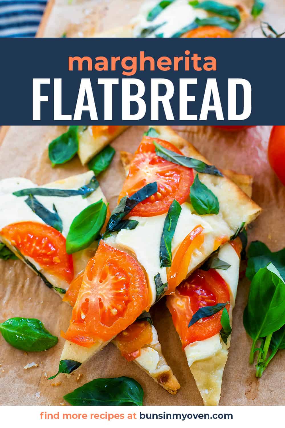 Margherita flatbread slices with text for pinterest.