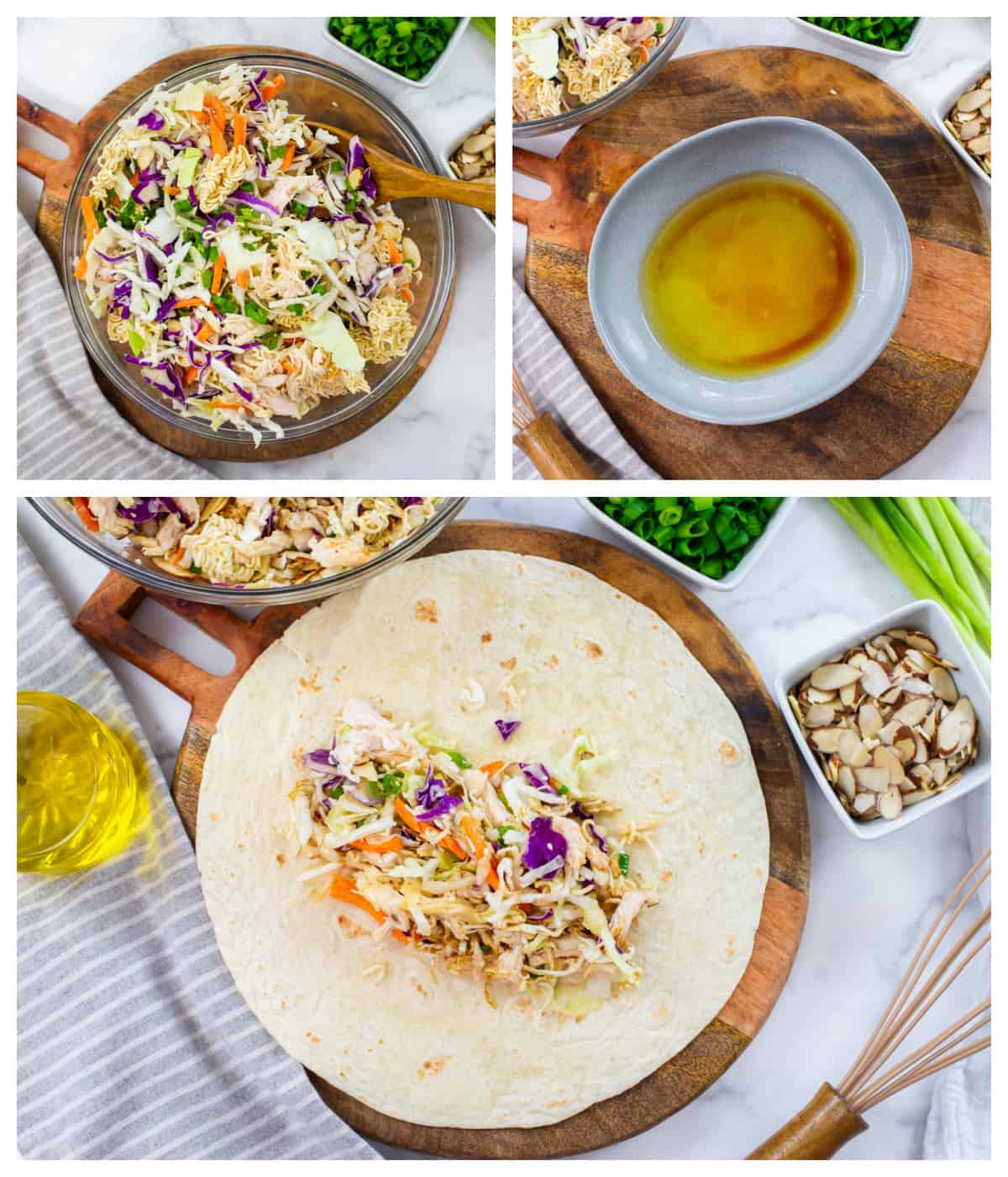 Collage showing how to make ramen salad wrap.
