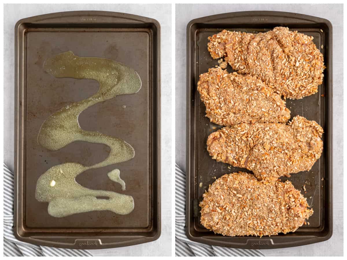Collage showing how to fry chicken in the oven.