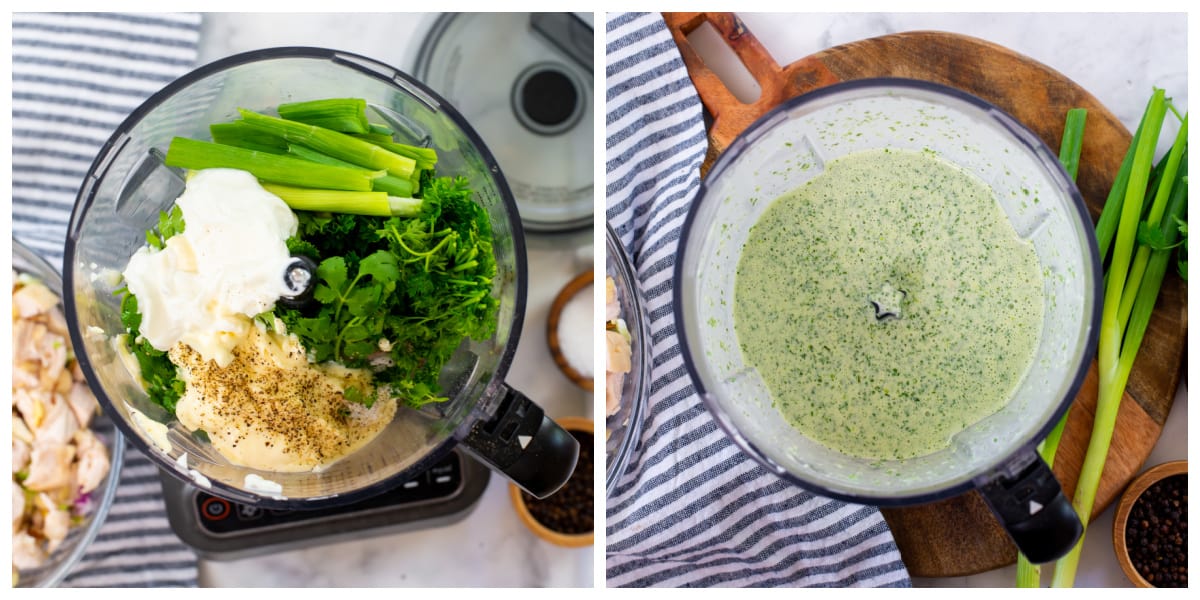 Collage showing how to make green goddess salad dressing.