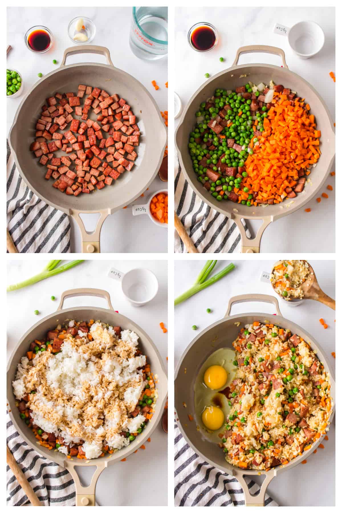 Collage showing how to make Spam fried rice.