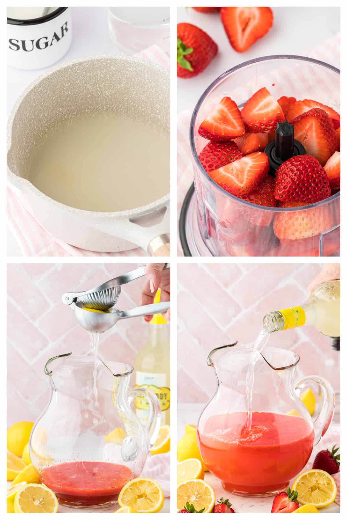 Collage showing how to make strawberry lemonade vodka.