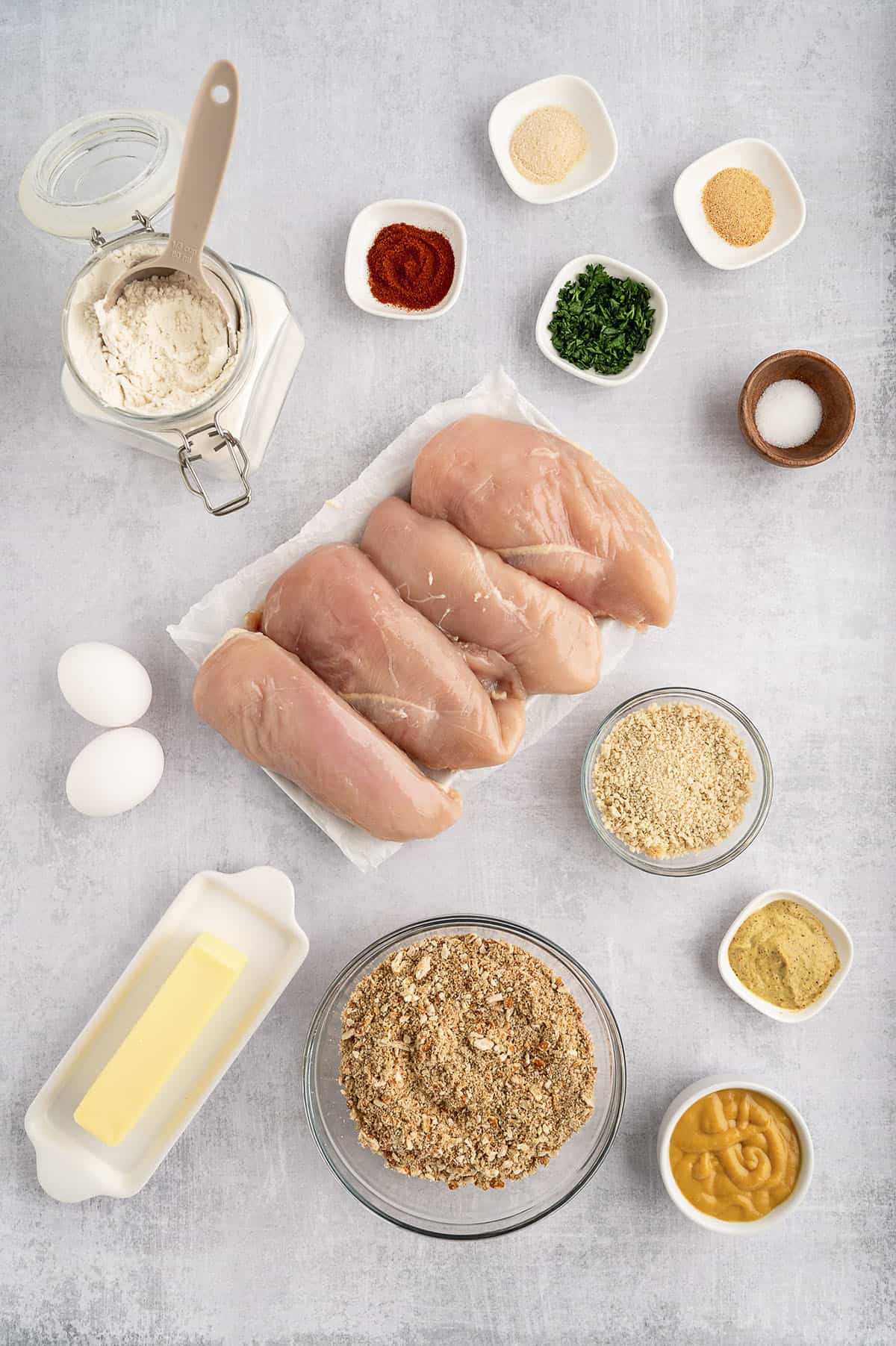 Ingredients for pretzel crusted chicken breasts.