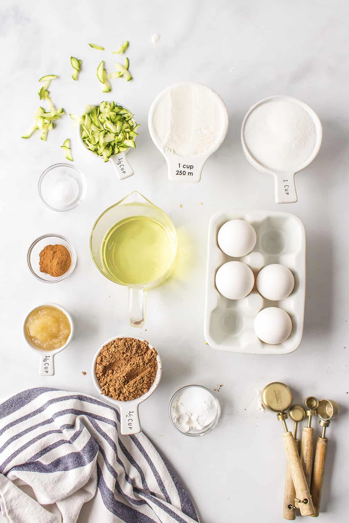 Ingredients for chocolate zucchini cake recipe.