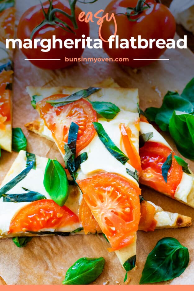 Slice of flatbread with mozzarella, tomatoes, and basil on top.