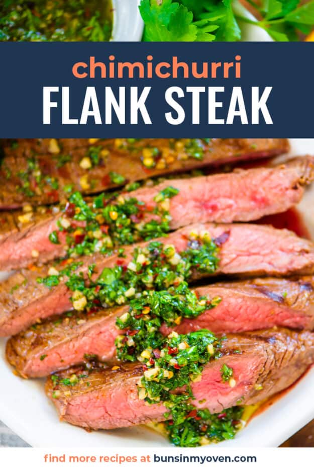 Sliced flank steak drizzled with cilantro chimichurri.