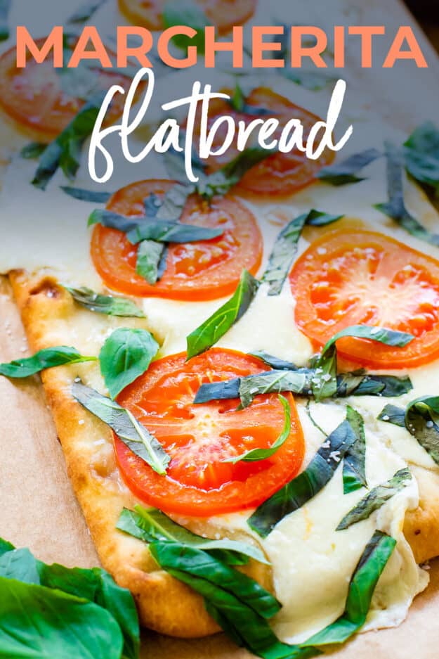 Flatbread topped with mozzarella, tomatoes, and basil.