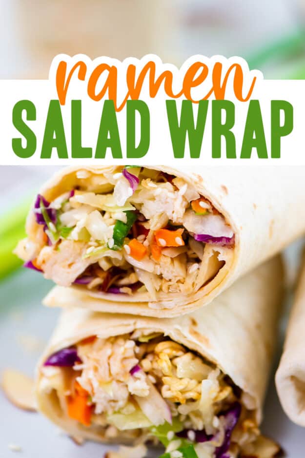 Ramen chicken salad wrap cut in half and stacked together on a plate.