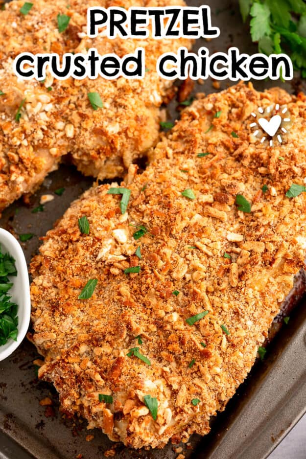 Pretzel chicken on sheet pan.