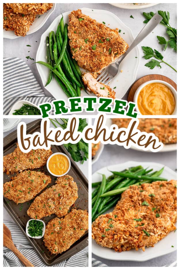 Collage of pretzel baked chicken images.