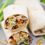 Ramen salad with chicken in a tortilla.