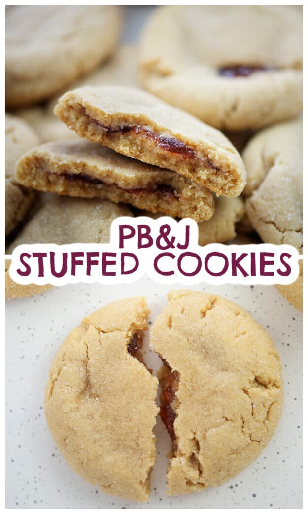 Collage of peanut butter jelly cookies.