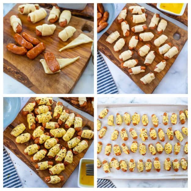 Collage showing how to make Lil Smokies pigs in a blanket.