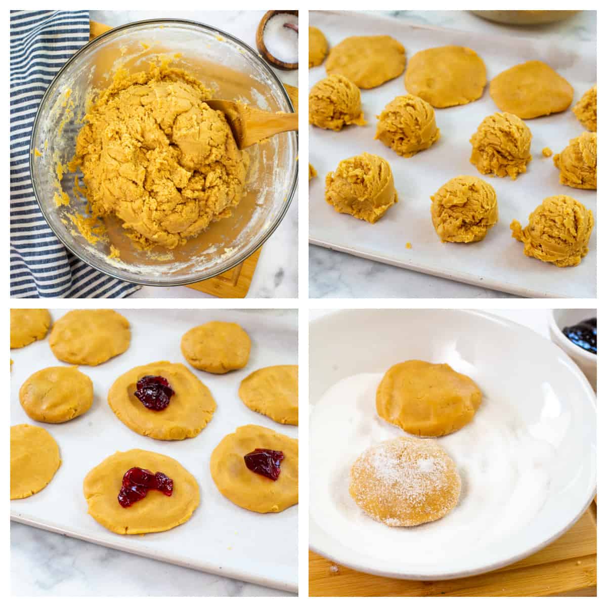 Collage showing how to make peanut butter and jelly cookies.